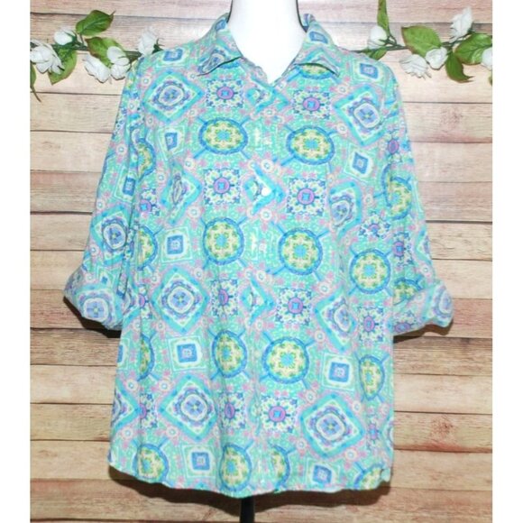Talbots Petites Green Geometric Button Up Blouse Size 2X Petite Roll Tab Sleeves - Picture 1 of 10